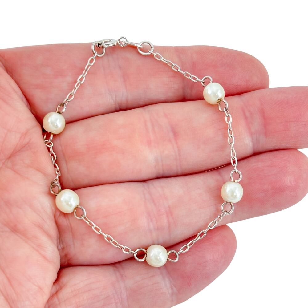 Vintage Sterling Silver 925 Pearl Station Chain Bracelet 7"